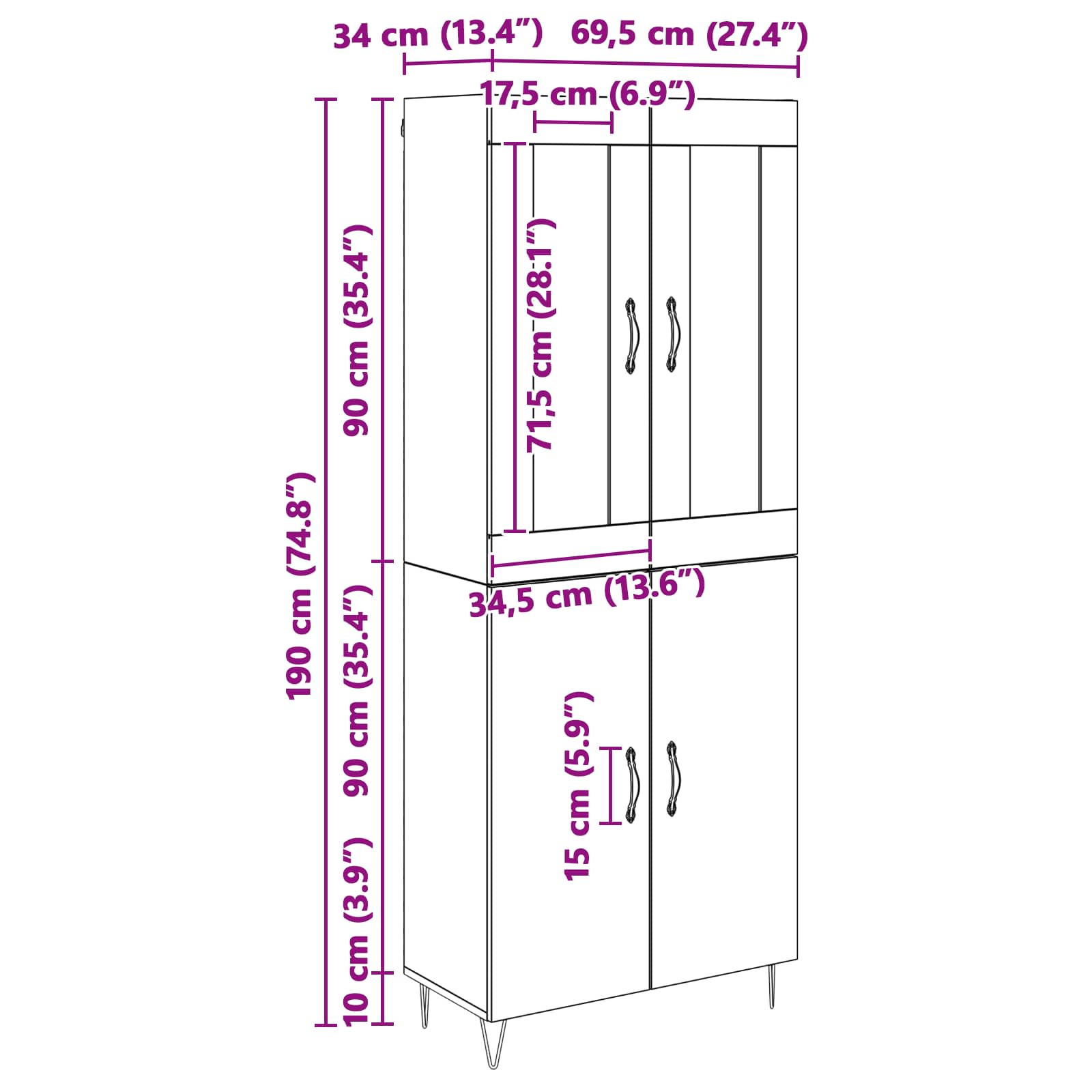 Highboard Schwarz Eichen-Optik 69,5 x 34 x 180 cm Holzwerkstoff