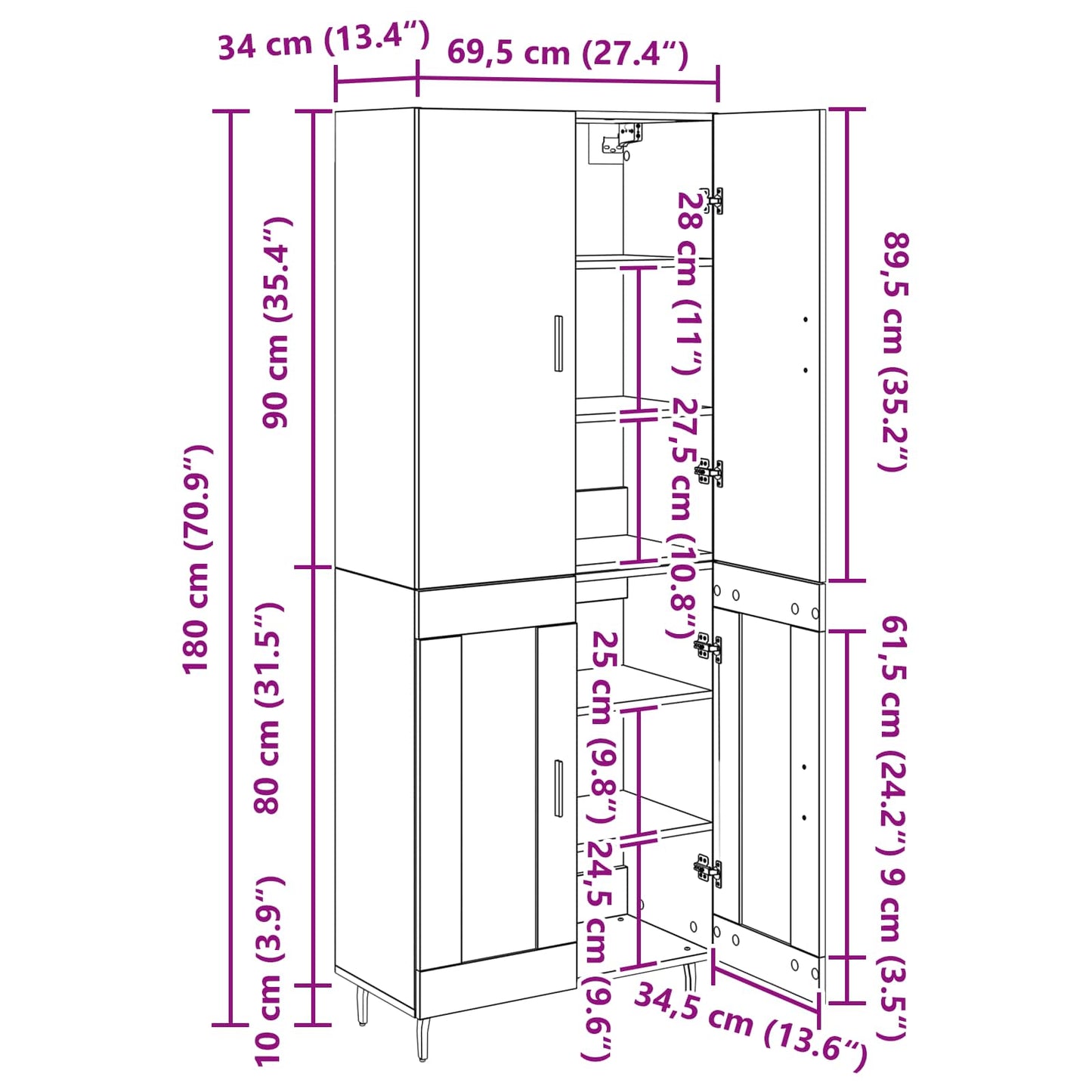 Highboard 2 stk. Schwarz Eichen-Optik 69,5 x 34 x 180 cm
