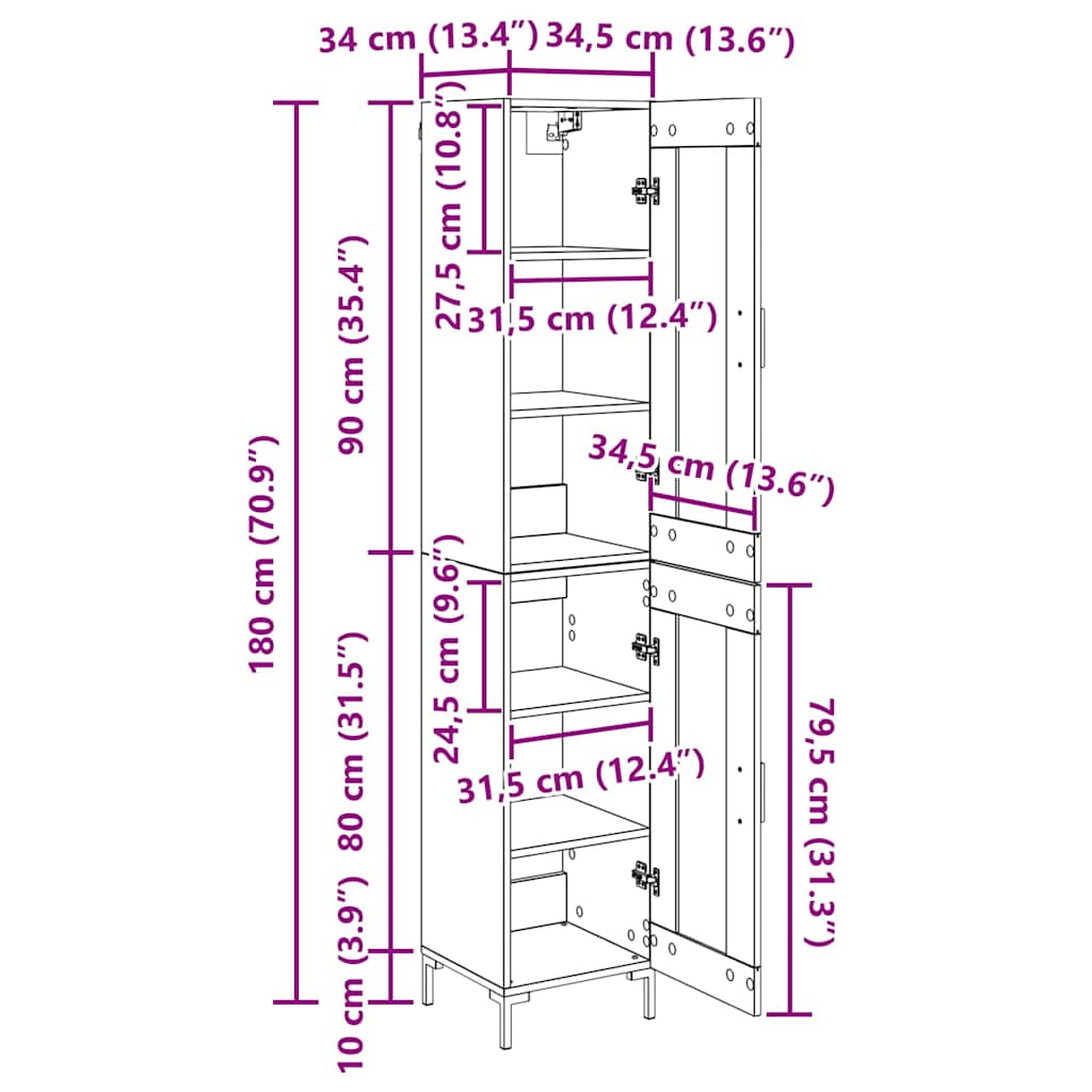 Highboard Schwarz Eichen-Optik 34,5 x 34 x 180 cm Holzwerkstoff