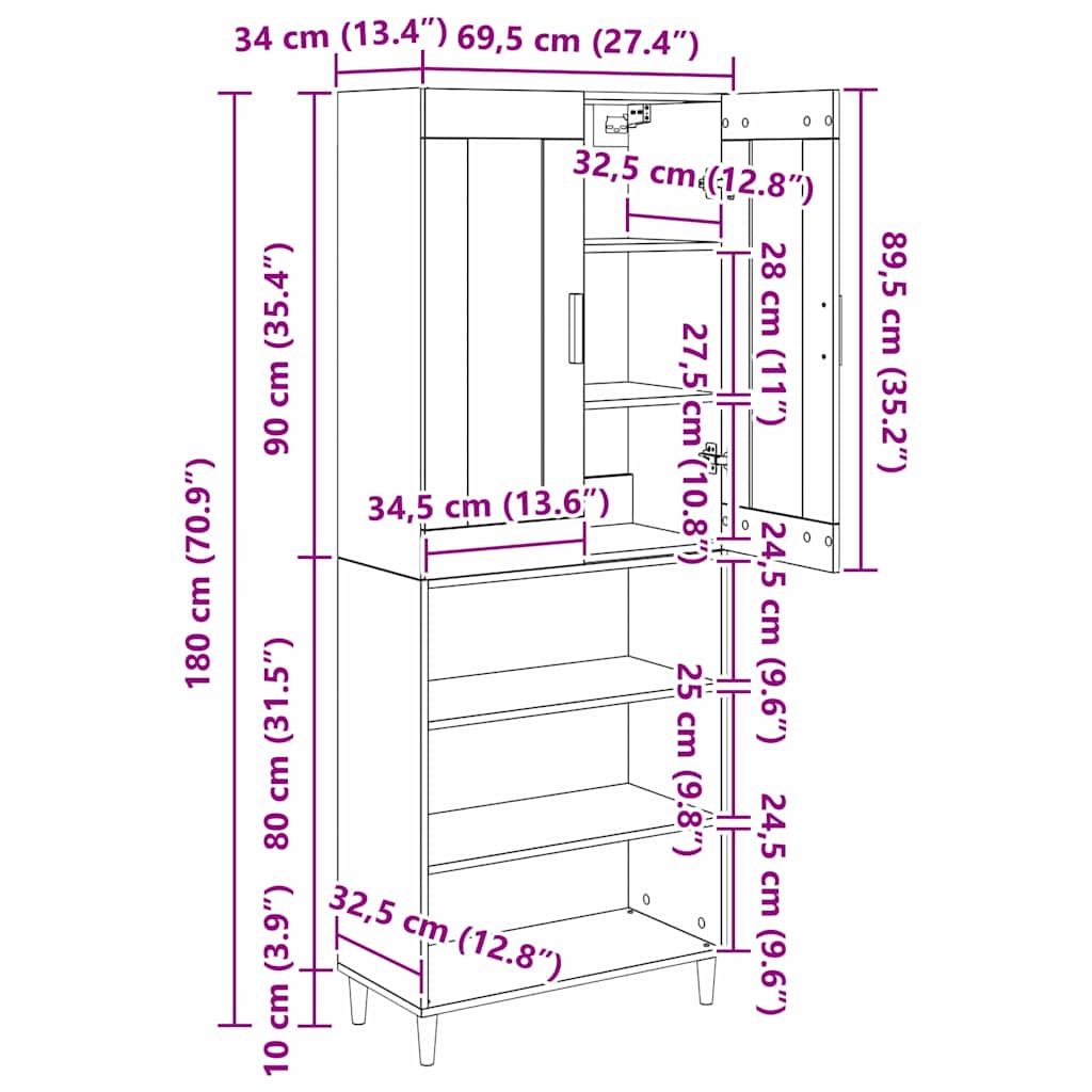Highboard Schwarz Eichen-Optik 69,5 x 34 x 180 cm