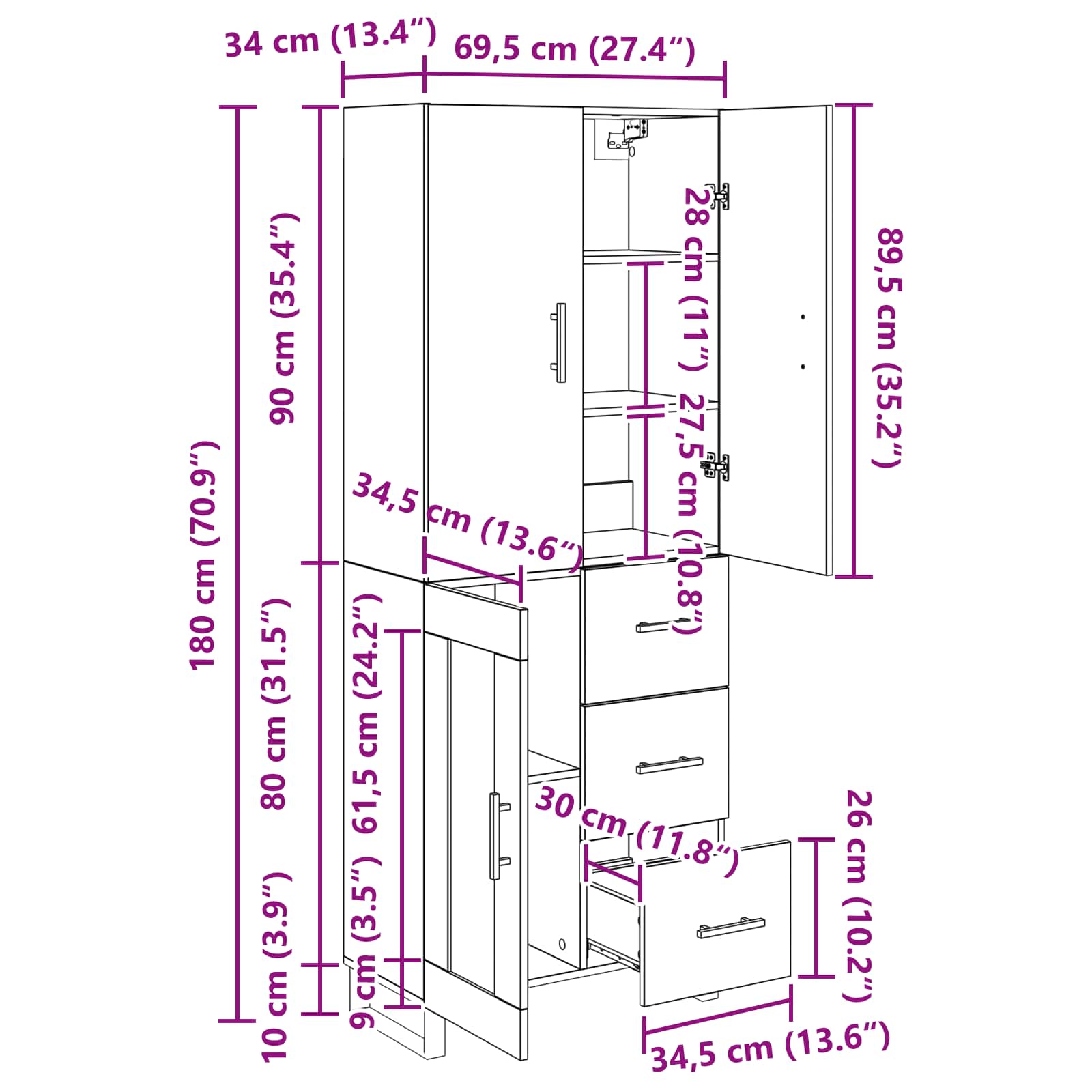 Highboard 2 pcs Schwarz Eichen-Optik 69,5 x 34 x 180 cm