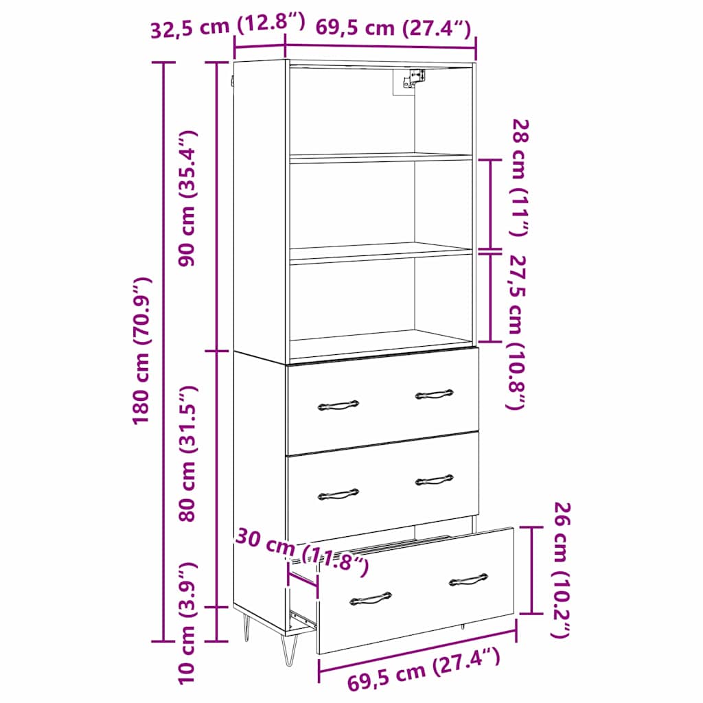 Highboard 2 stk. Schwarz Eichen-Optik 69,5 x 34 x 180 cm