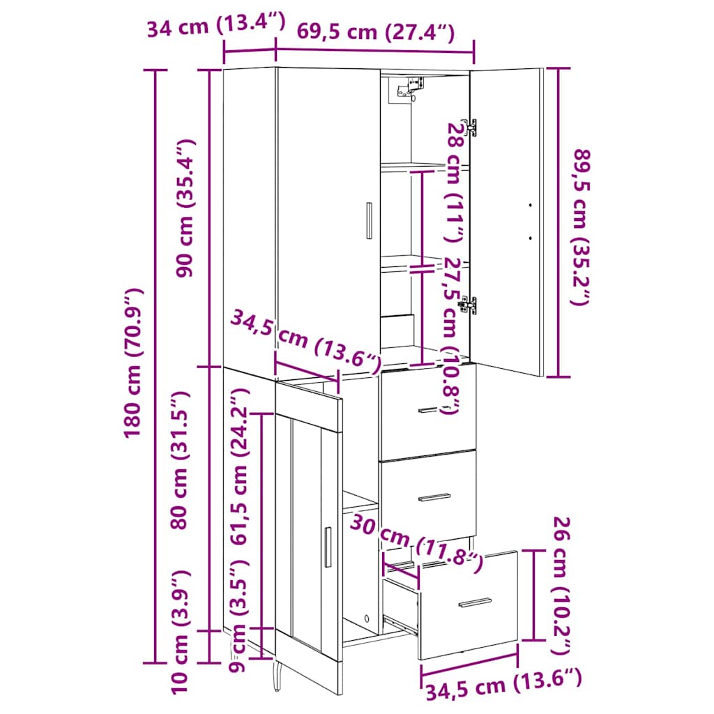 Highboard 2 stk. Schwarz Eichen-Optik 69,5 x 34 x 180 cm