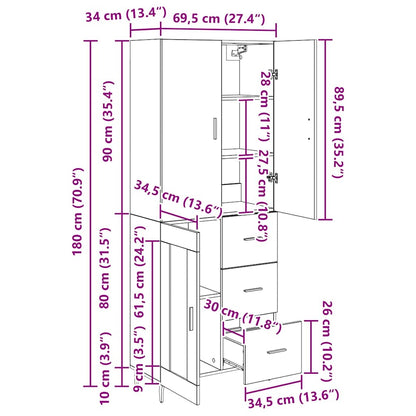 Highboard 2 stk. Schwarz Eichen-Optik 69,5 x 34 x 180 cm