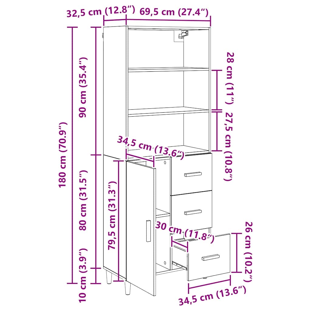 Highboard Schwarz Eichen-Optik 69,5 x 32,5 x 180 cm