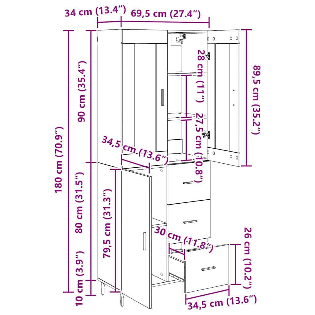 Highboard 2 stk. Schwarz Eichen-Optik 69,5 x 34 x 180 cm