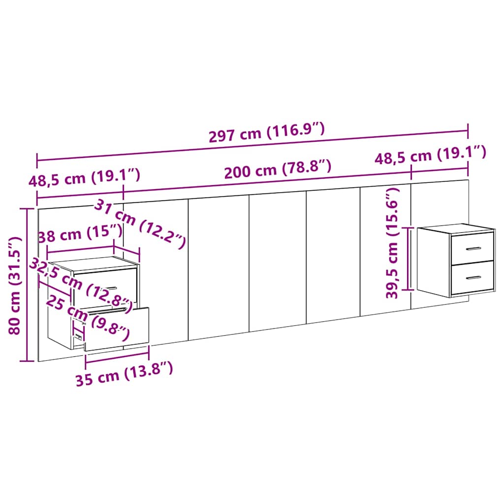 Kopfteil mit Schrank 3 stk. Schwarz Eichen-Optik Holzwerkstoff