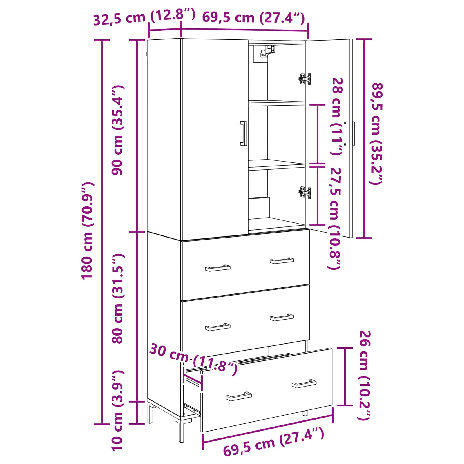 Highboard Schwarz Eichen-Optik 69,5 x 34 x 180 cm Holzwerkstoff