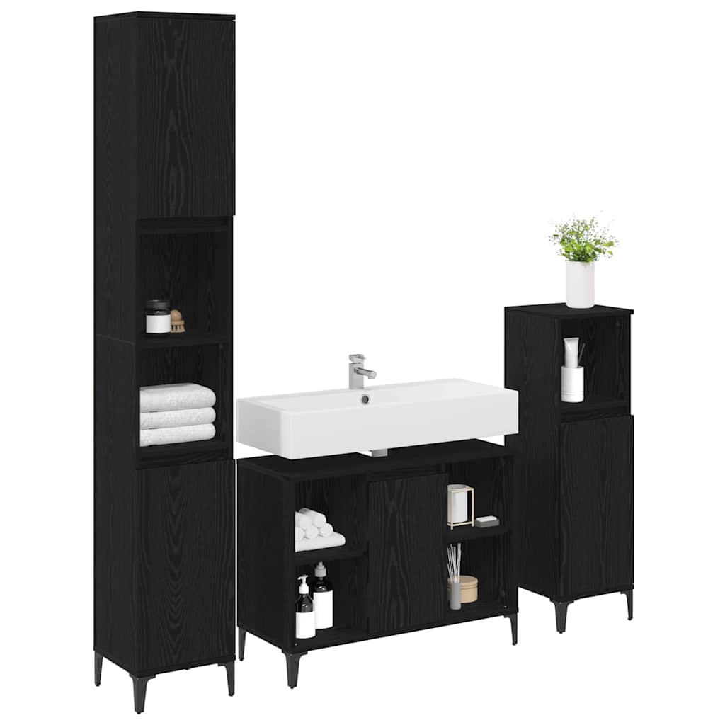 Badezimmermöbel-Set 3 pcs Schwarz Eichen-Optik Holzwerkstoff