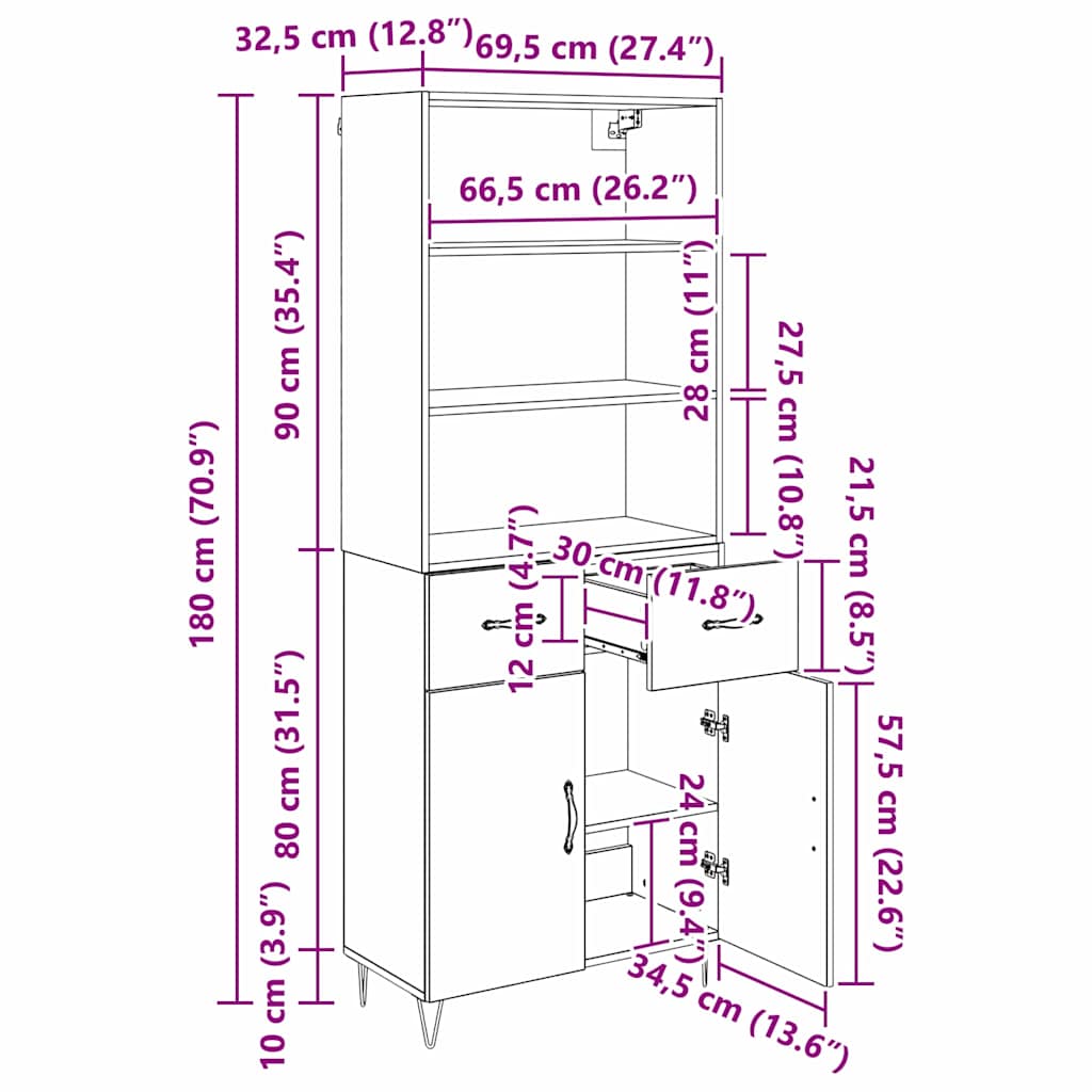 Highboard 2 stk. Schwarz Eichen-Optik 69,5 x 34 x 180 cm