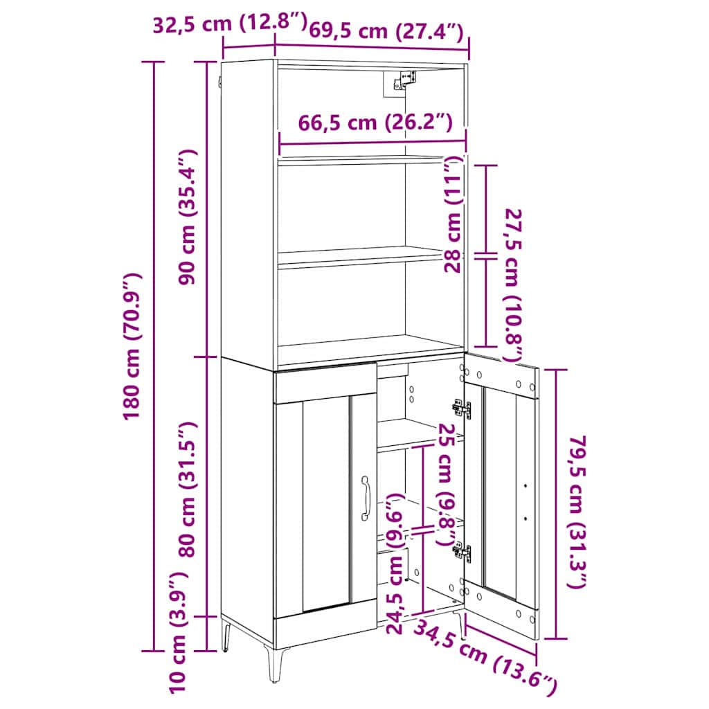 Highboard Schwarz Eichen-Optik 69,5 x 34 x 180 cm Holzwerkstoff