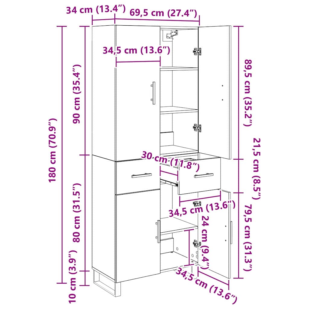 Highboard 2 pcs Schwarz Eichen-Optik 69,5 x 34 x 180 cm