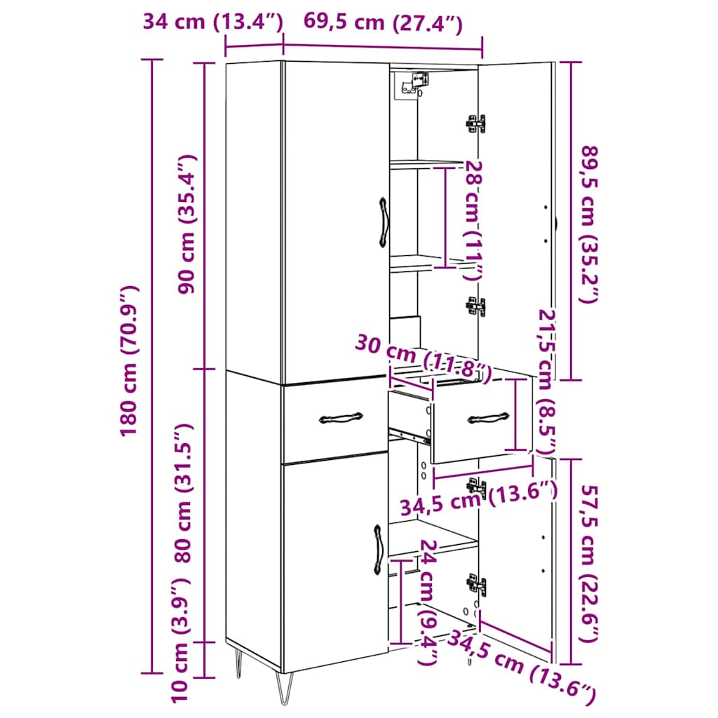 Highboard 2 Stk. Schwarz Eichen-Optik 69,5 x 34 x 180 cm