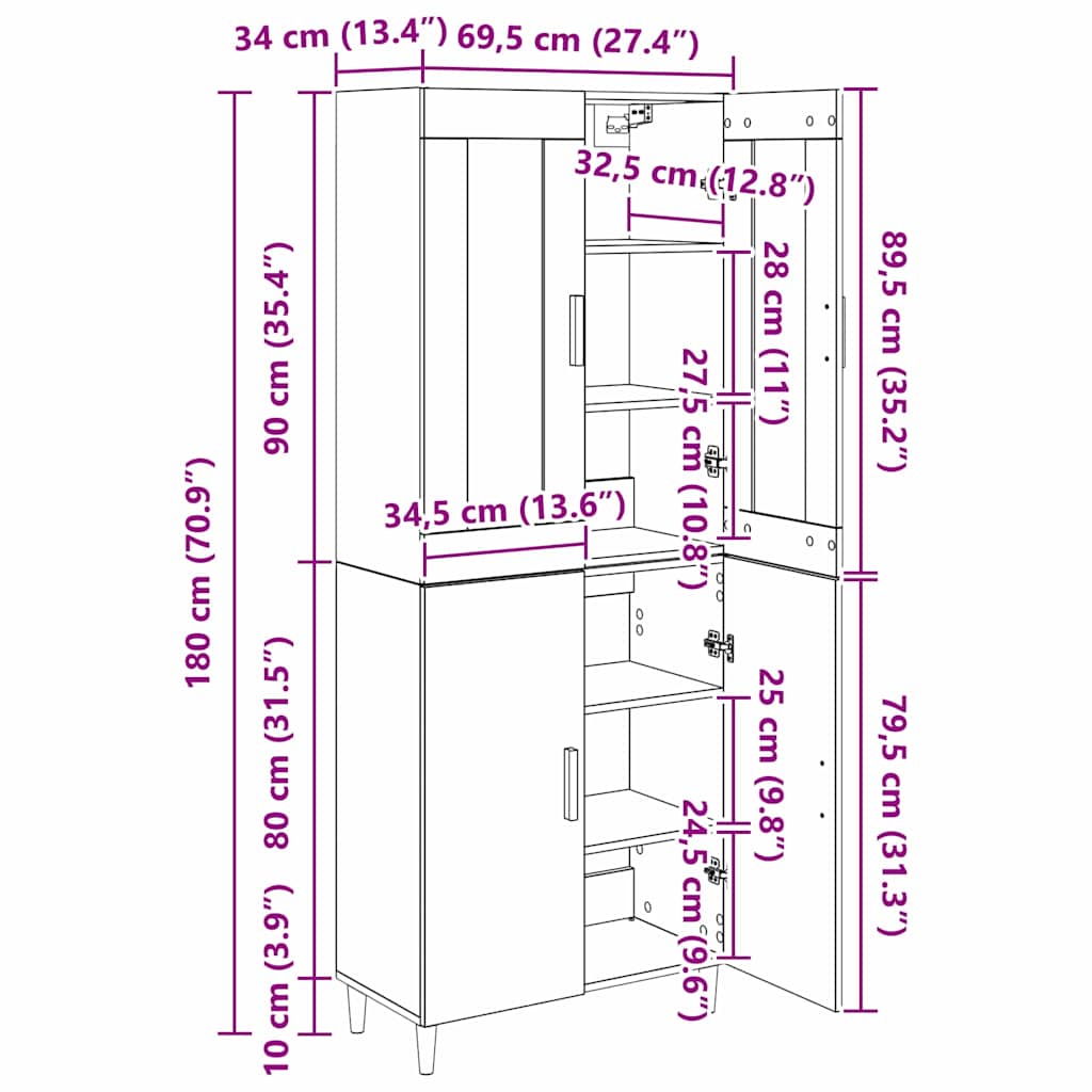 Highboard Schwarz Eichen-Optik 69,5 x 34 x 180 cm