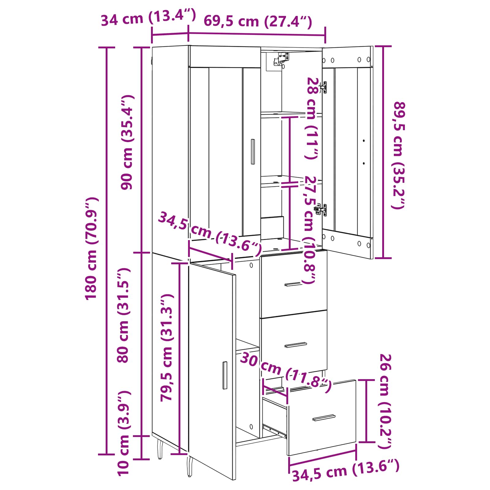 Highboard 2 stk. Schwarz Eichen-Optik 69,5 x 34 x 180 cm