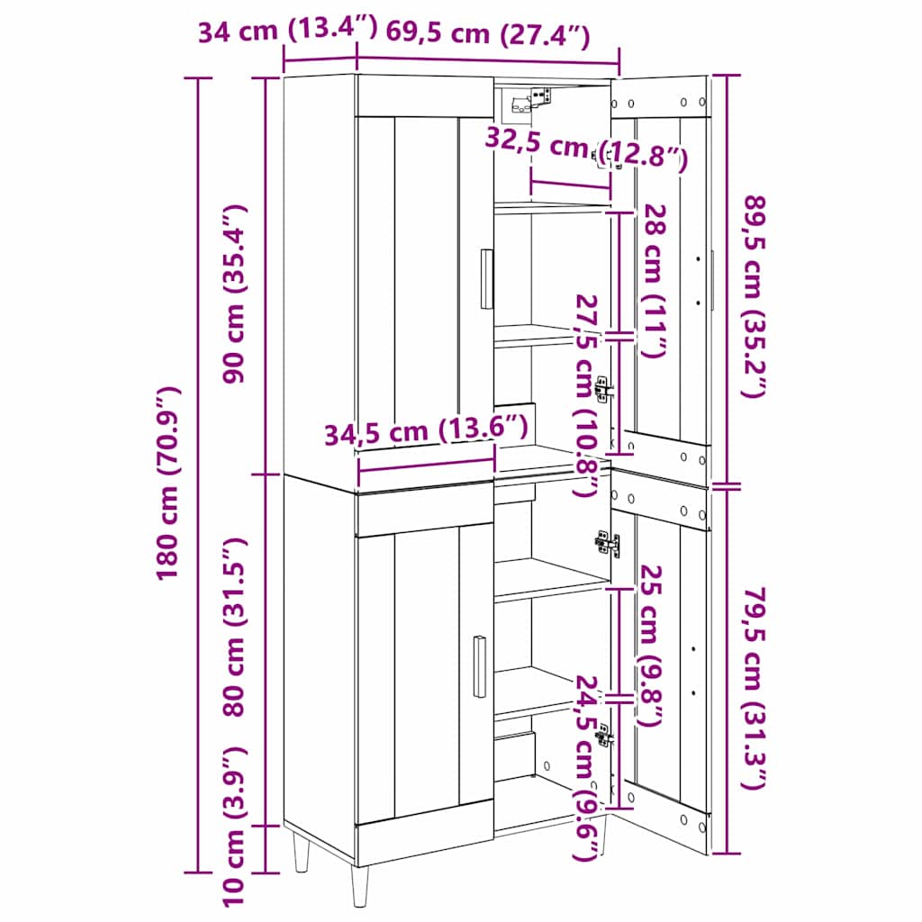 Highboard Schwarz Eichen-Optik 69,5 x 34 x 180 cm Holzwerkstoff