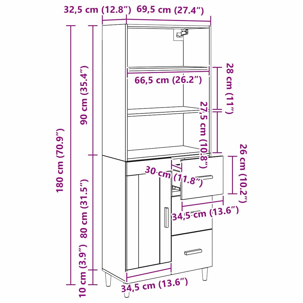 Highboard Schwarz Eichen-Optik 69,5 x 32,5 x 180 cm