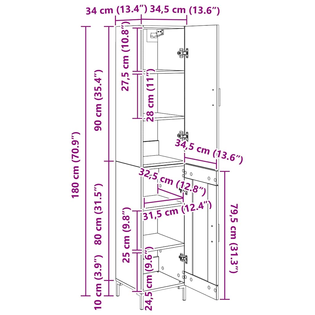 Highboard Schwarz Eichen-Optik 34,5 x 34 x 180 cm Holzwerkstoff