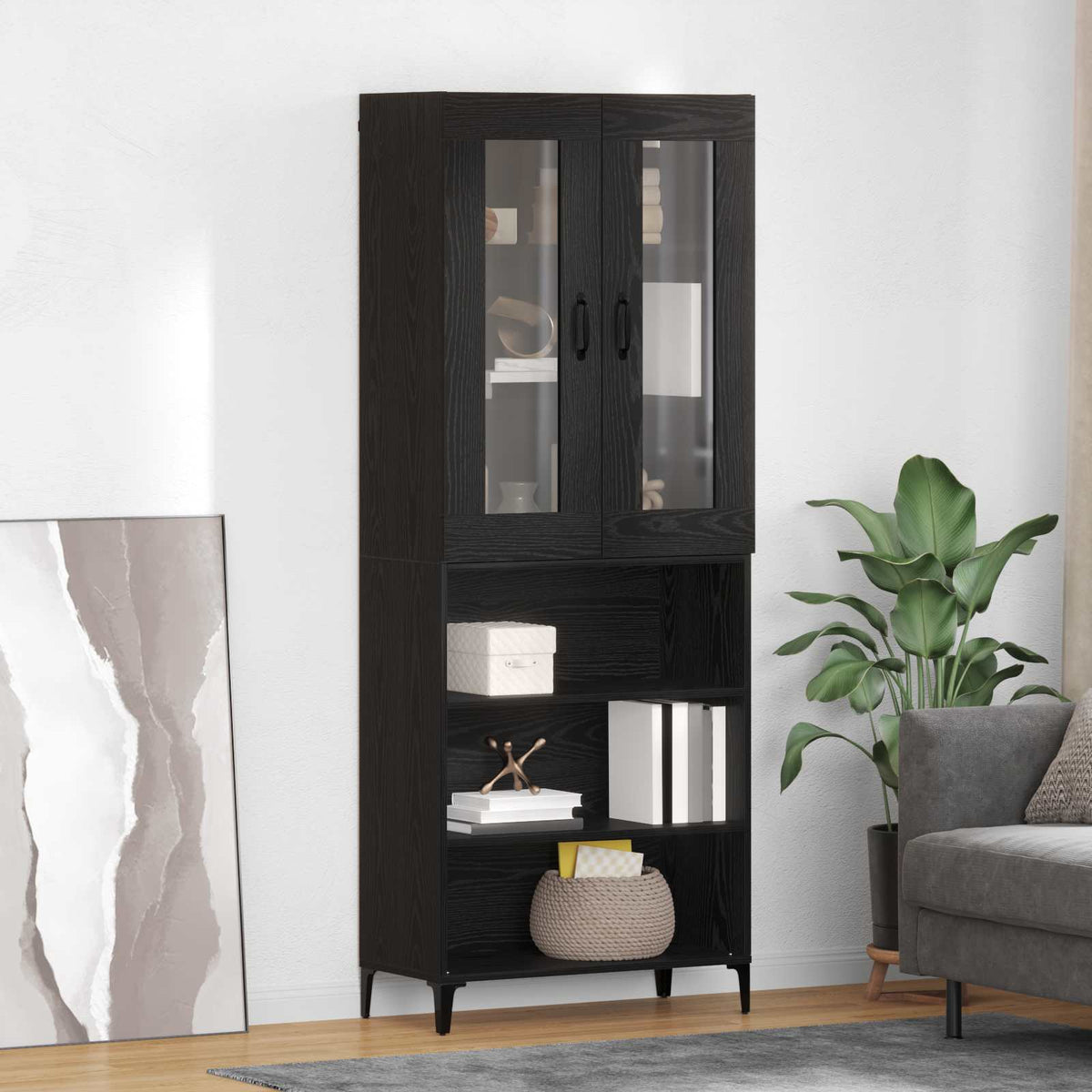Highboard Schwarz Eichen-Optik 69,5 x 34 x 180 cm Holzwerkstoff