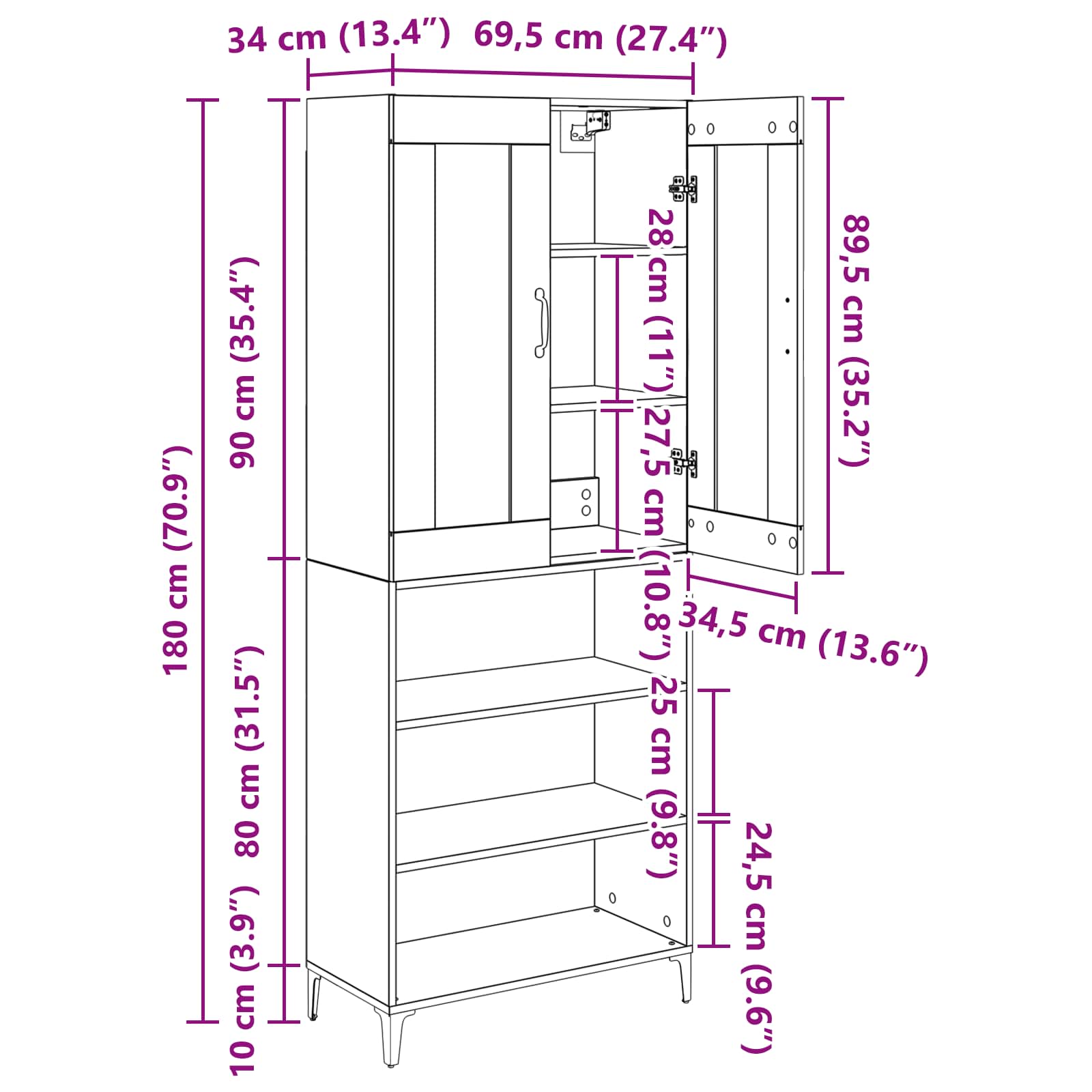 Highboard Schwarz Eichen-Optik 69,5 x 34 x 180 cm Holzwerkstoff