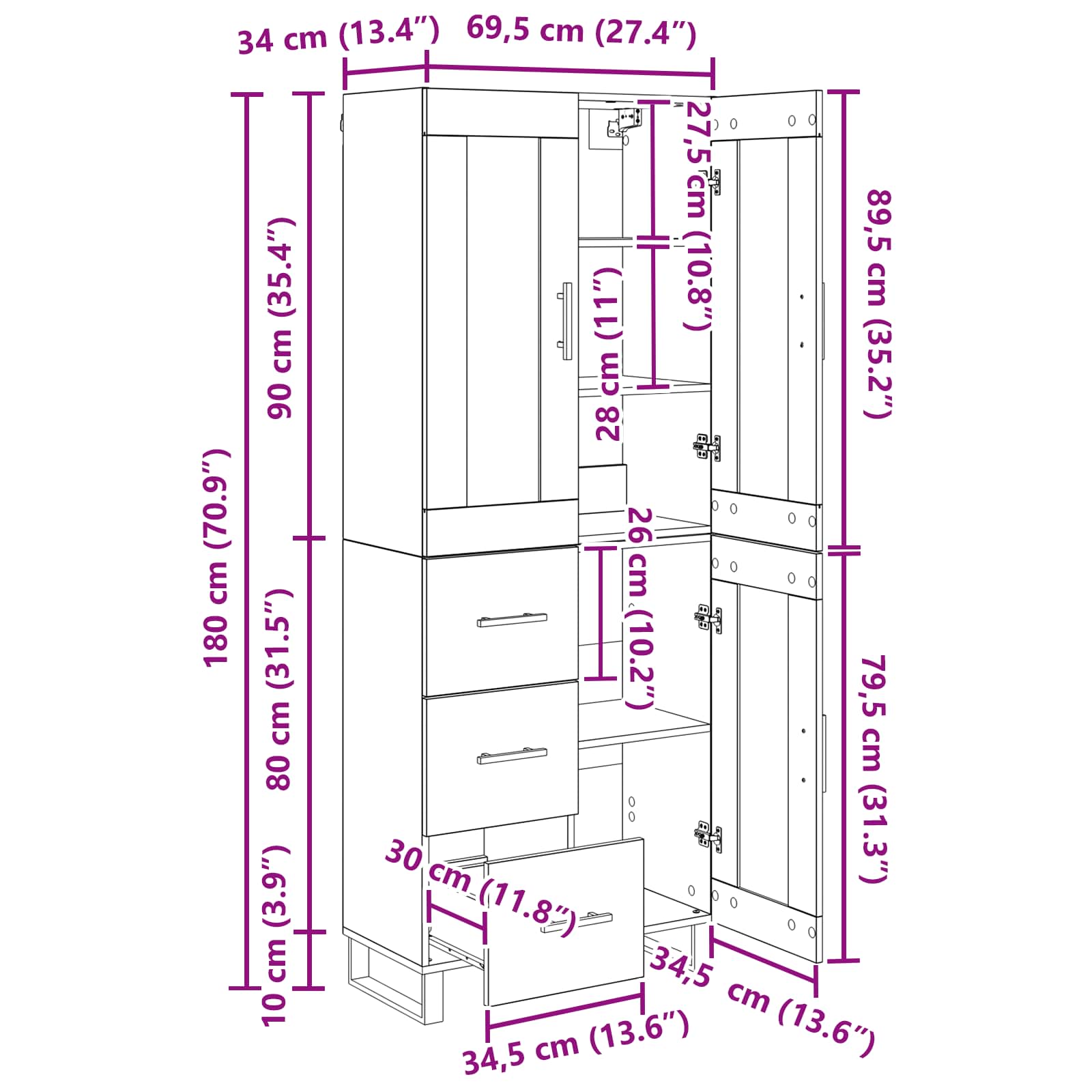 Highboard 2 pcs Schwarz Eichen-Optik Engineered Wood und Glas