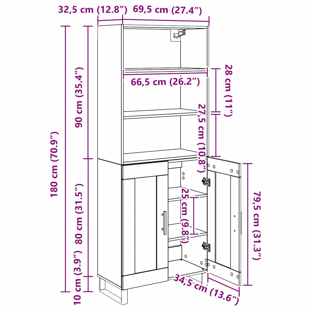 Highboard 2 stk. Schwarz Eichen-Optik 69,5 x 34 x 180 cm