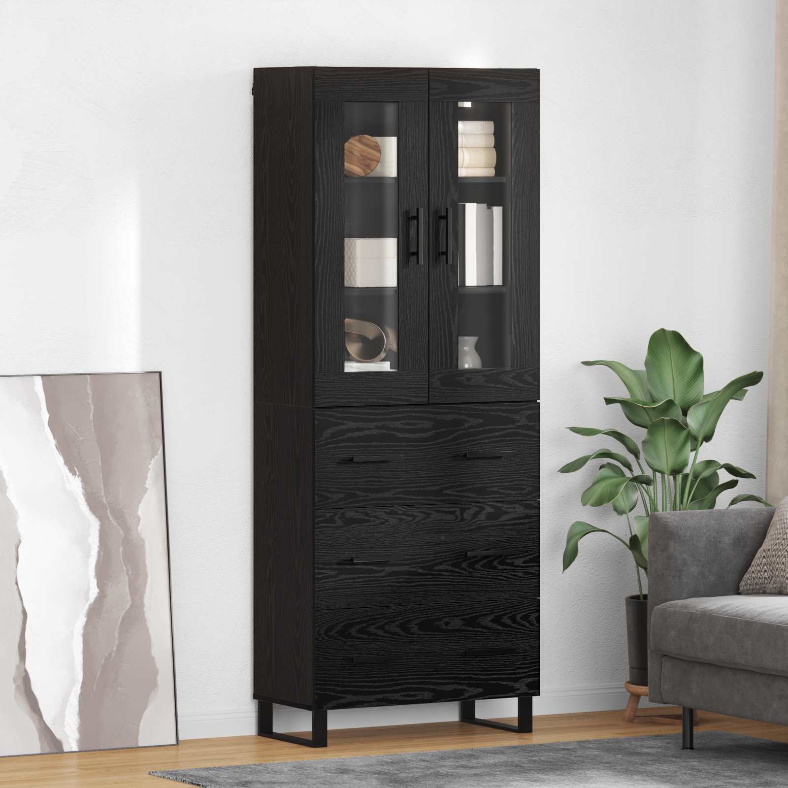 Highboard 2 pcs Schwarz Eichen-Optik Engineered Wood und Glas