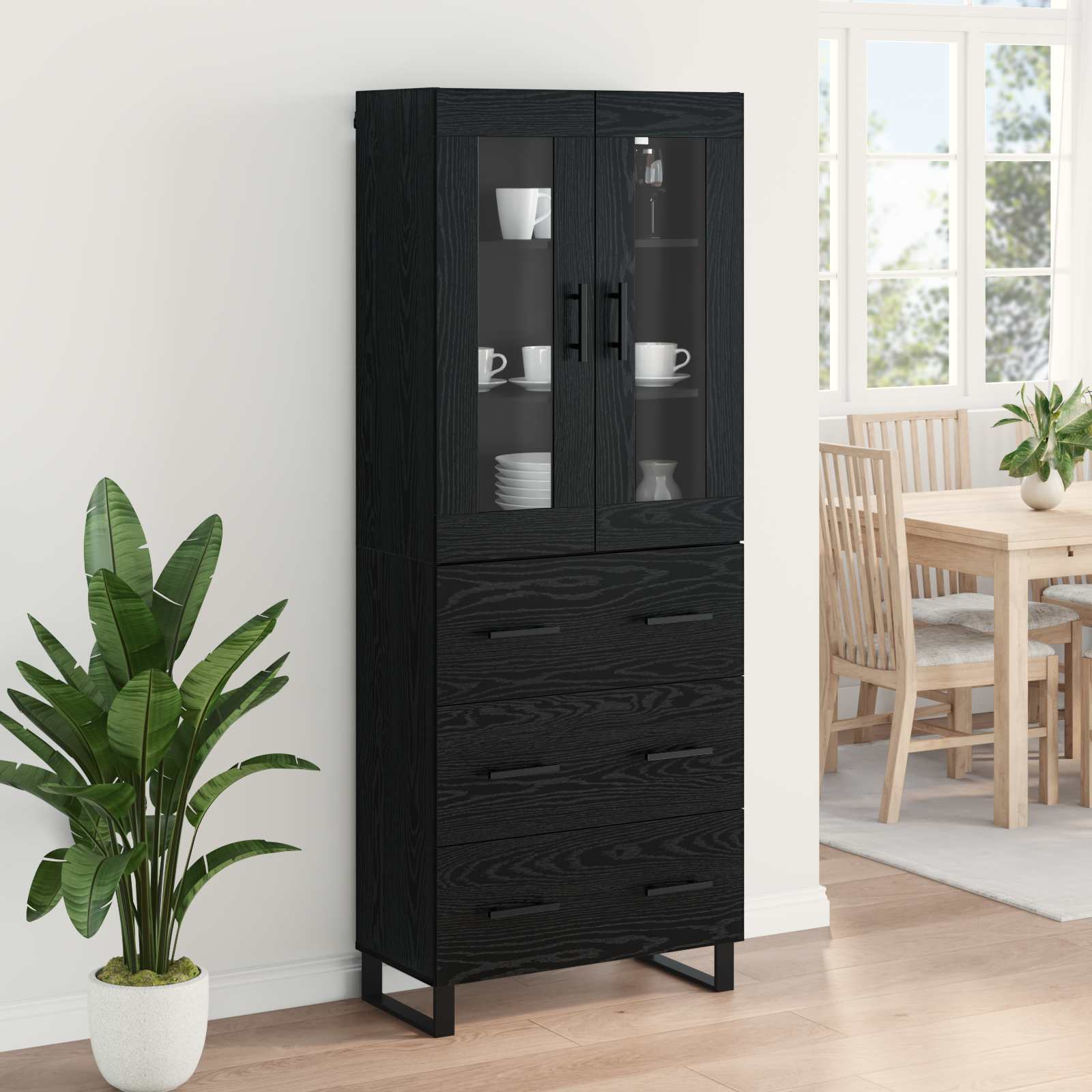 Highboard 2 pcs Schwarz Eichen-Optik Engineered Wood und Glas