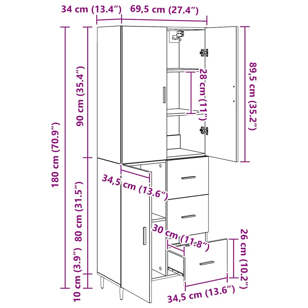 Highboard 2 stk. Schwarz Eichen-Optik 69,5 x 34 x 180 cm