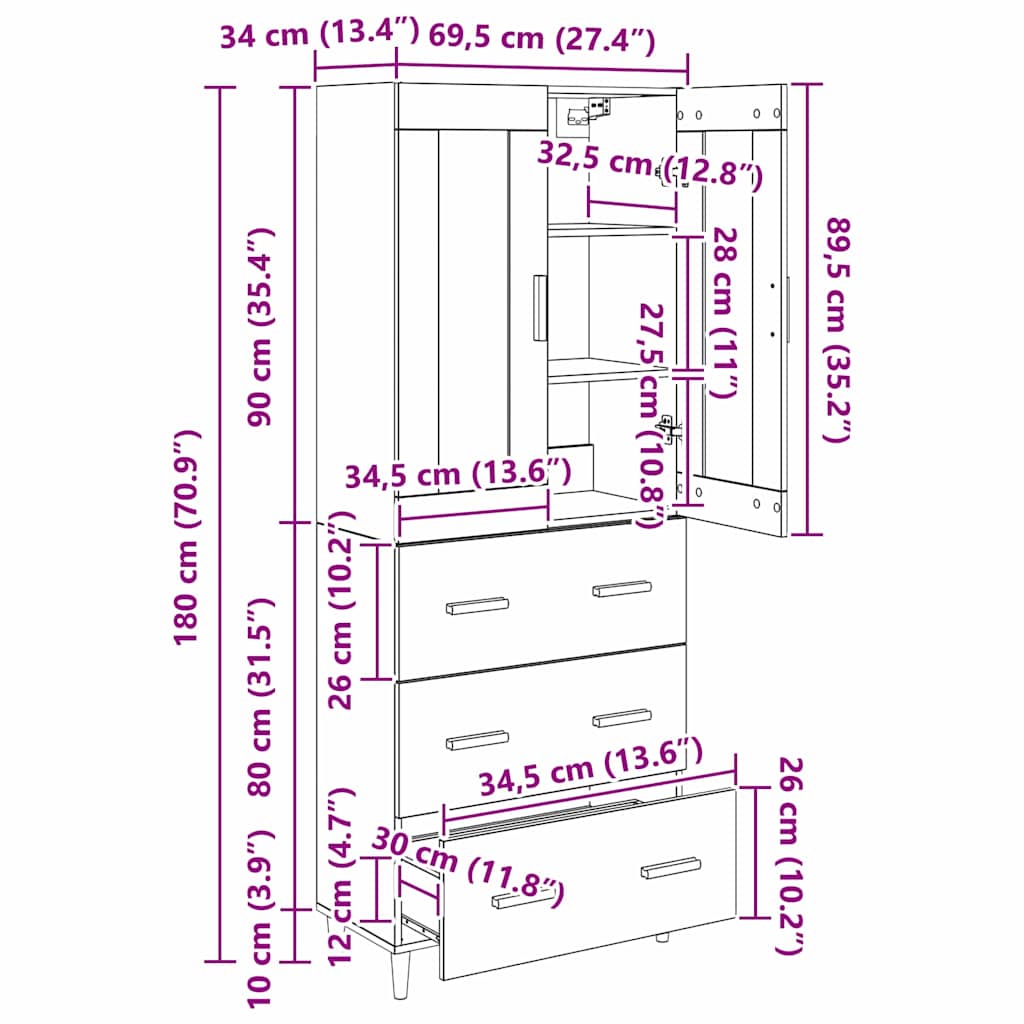 Highboard Schwarz Eichen-Optik 69,5 x 34 x 180 cm