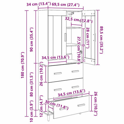 Highboard Schwarz Eichen-Optik 69,5 x 34 x 180 cm