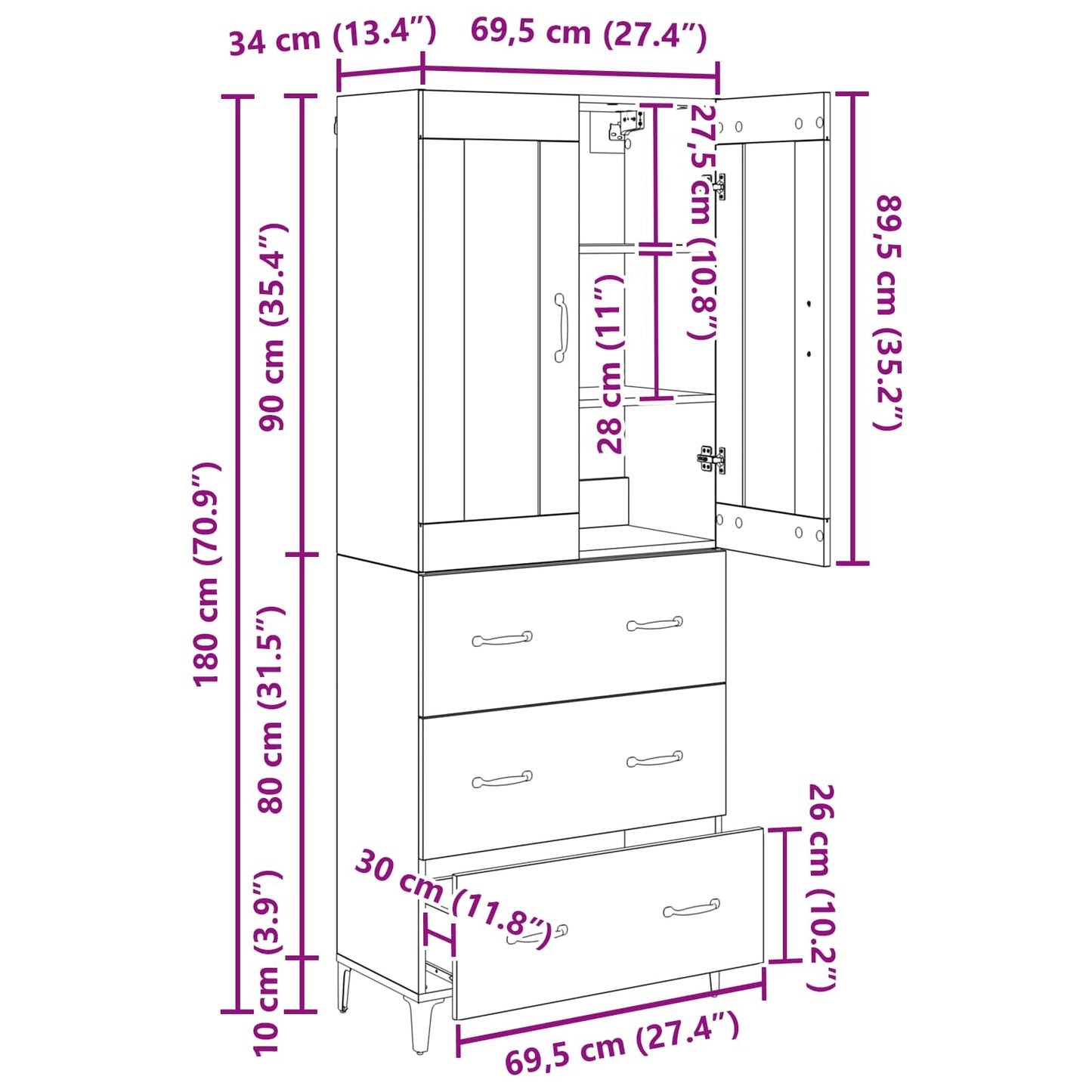 Highboard Schwarz Eichen-Optik 69,5 x 34 x 180 cm Holzwerkstoff