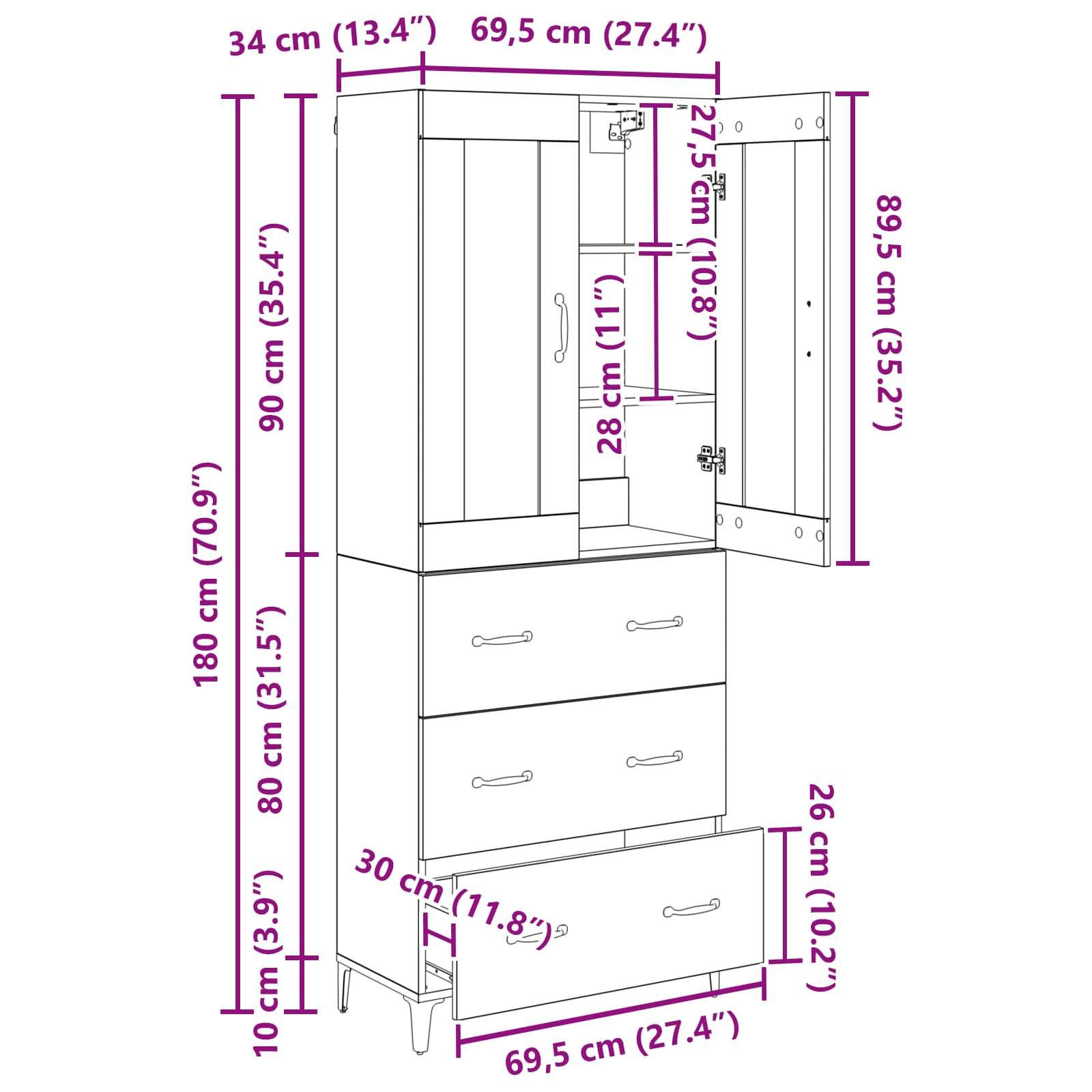 Highboard Schwarz Eichen-Optik 69,5 x 34 x 180 cm Holzwerkstoff