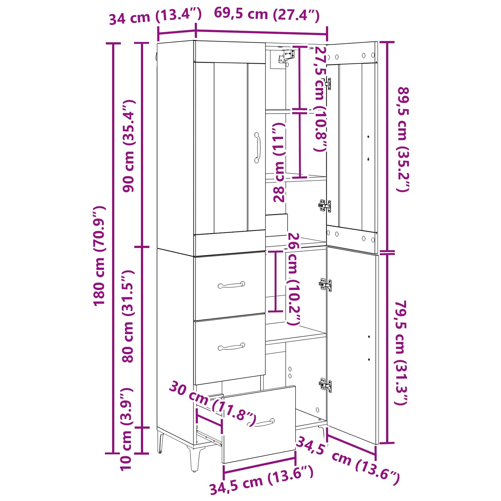 Highboard Schwarz Eichen-Optik 69,5 x 34 x 180 cm Holzwerkstoff
