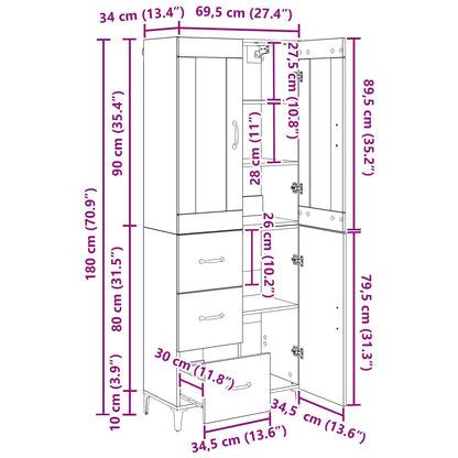 Highboard Schwarz Eichen-Optik 69,5 x 34 x 180 cm Holzwerkstoff