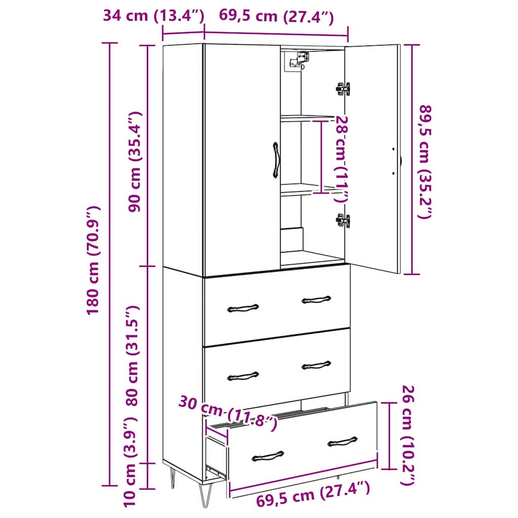Highboard 2 Stk. Schwarz Eichen-Optik 69,5 x 34 x 180 cm