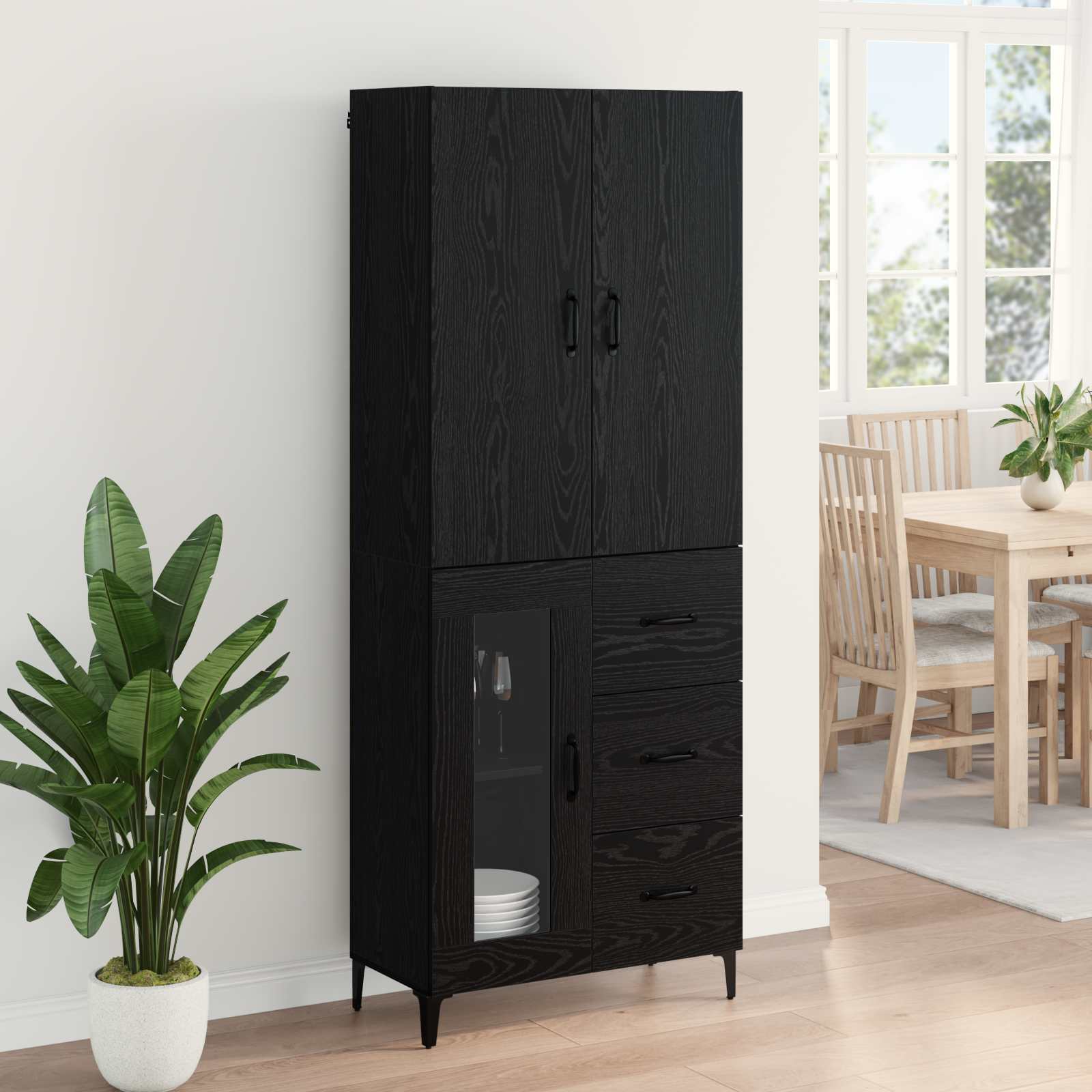 Highboard Schwarz Eichen-Optik 69,5 x 34 x 180 cm Holzwerkstoff