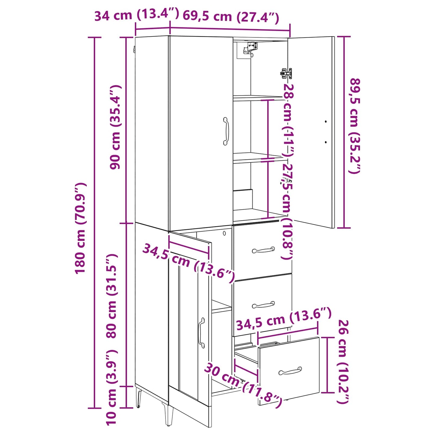 Highboard Schwarz Eichen-Optik 69,5 x 34 x 180 cm Holzwerkstoff