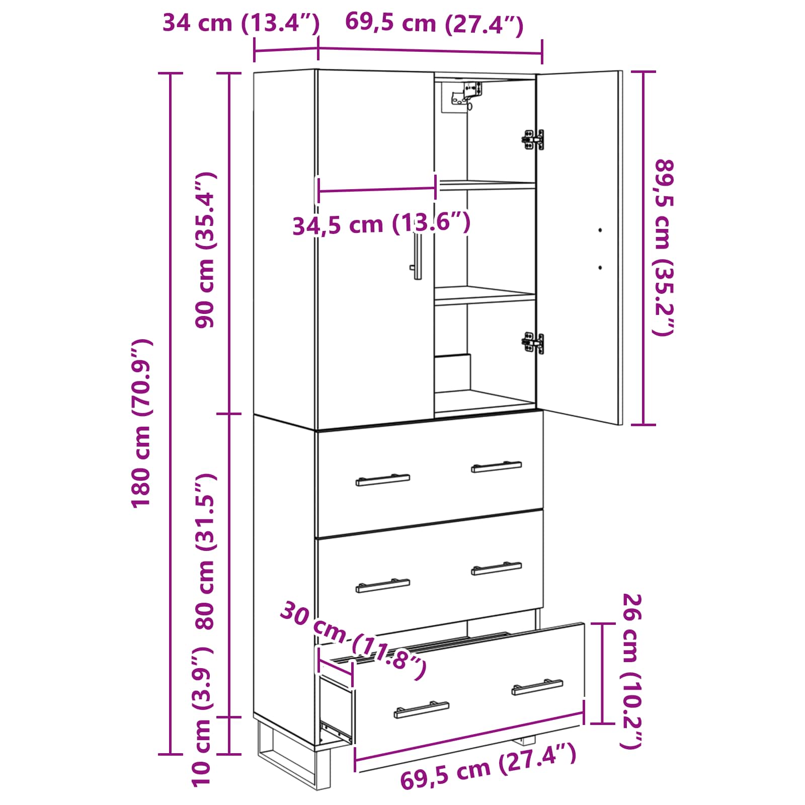Highboard 2 stk. Schwarz Eichen-Optik 69,5 x 34 x 180 cm