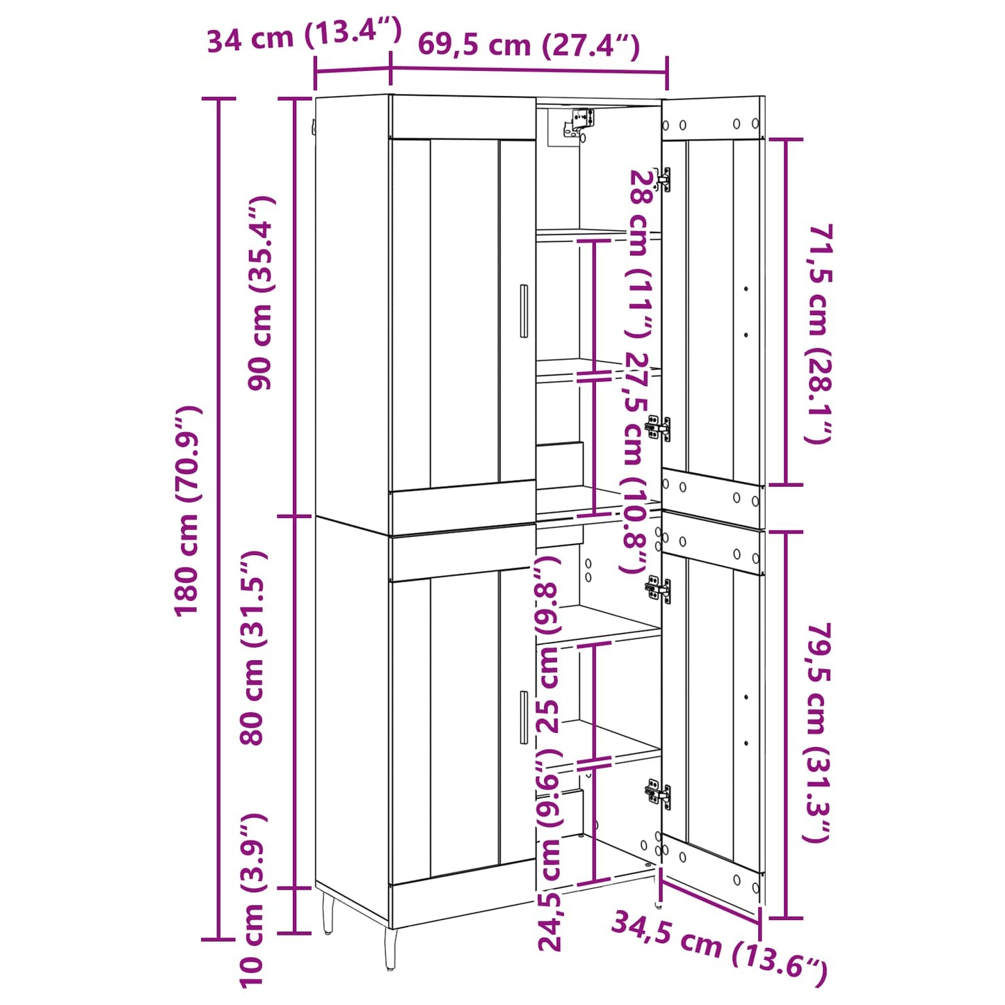 Highboard 2 stk. Schwarz Eichen-Optik 69,5 x 34 x 180 cm