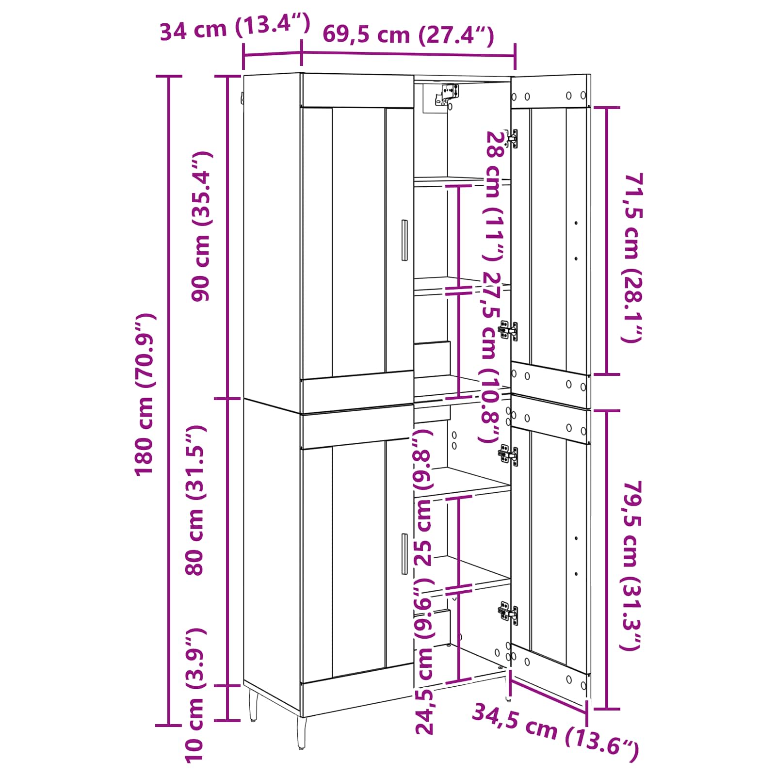 Highboard 2 stk. Schwarz Eichen-Optik 69,5 x 34 x 180 cm
