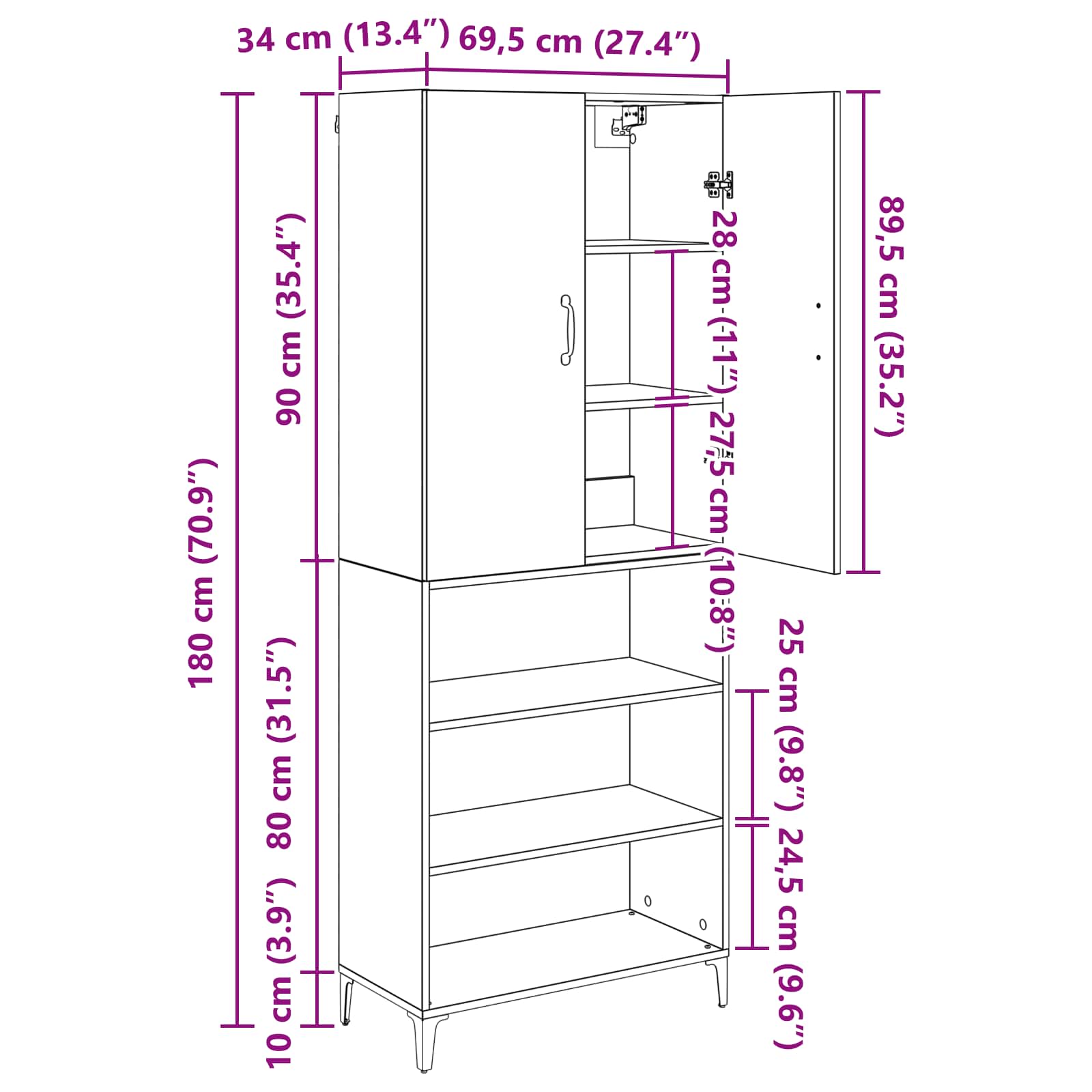 Highboard Schwarz Eichen-Optik 69,5 x 34 x 180 cm Holzwerkstoff
