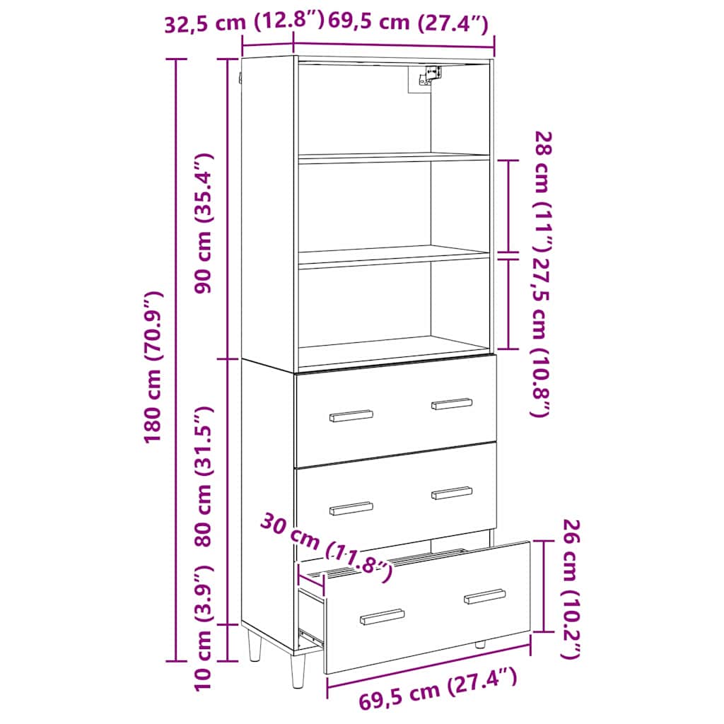 Highboard Schwarz Eichen-Optik 69,5 x 32,5 x 180 cm