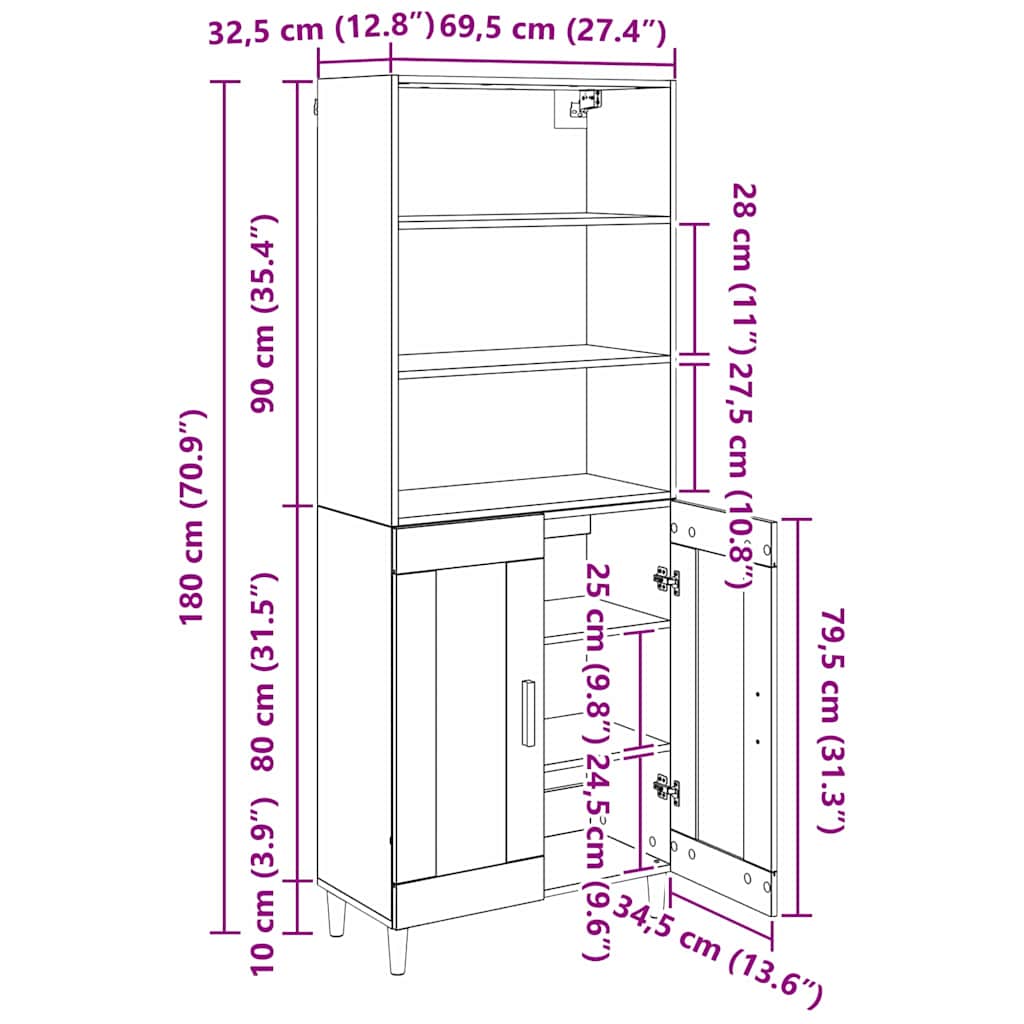 Highboard Schwarz Eichen-Optik 69,5 x 32,5 x 180 cm