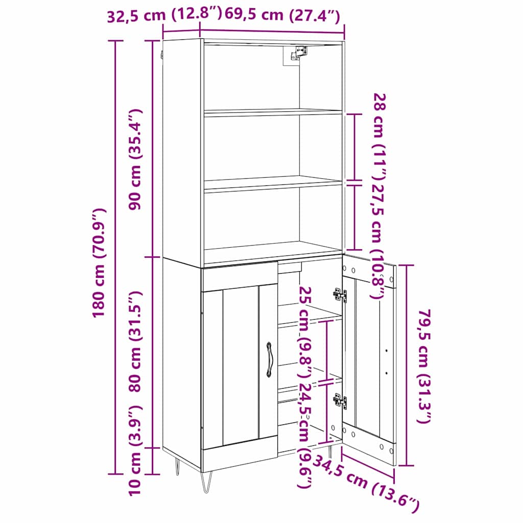 Highboard 2 stk. Schwarz Eichen-Optik 69,5 x 34 x 180 cm