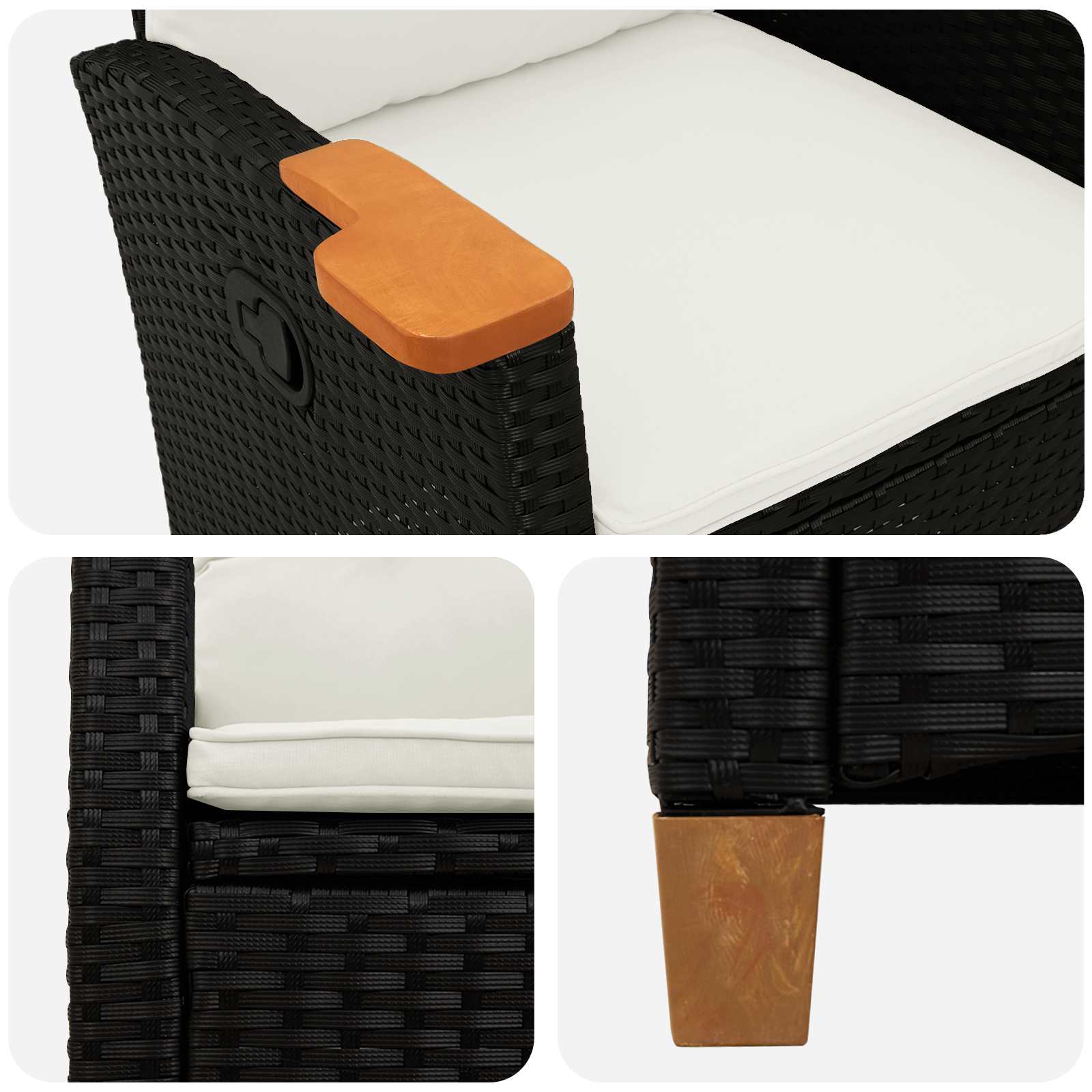 Liegestuhl mit Teeteller Schwarz und Cremeweiß Poly-Rattan