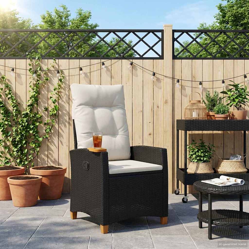 Liegestuhl mit Teeteller Schwarz und Cremeweiß Poly-Rattan