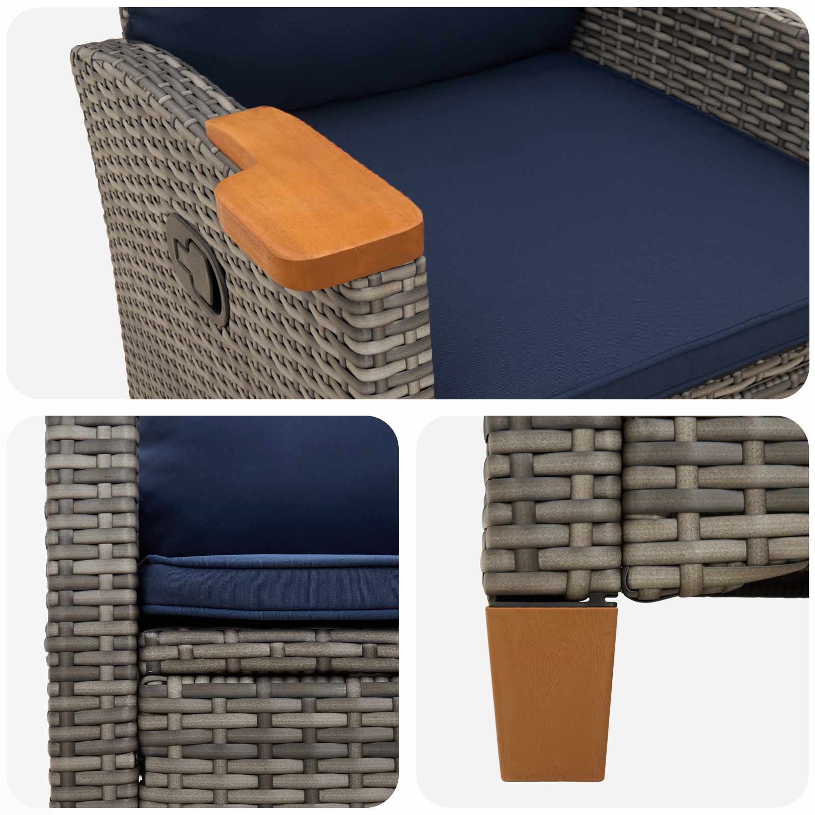 Liegestuhl mit Teeteller Grau und Marineblau Poly-Rattan