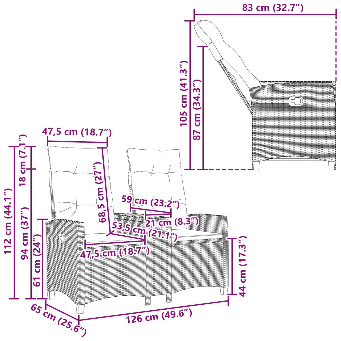 Liegebank mit Tisch 2 -Seater 126 x 65 x 112 cm Poly-Rattan