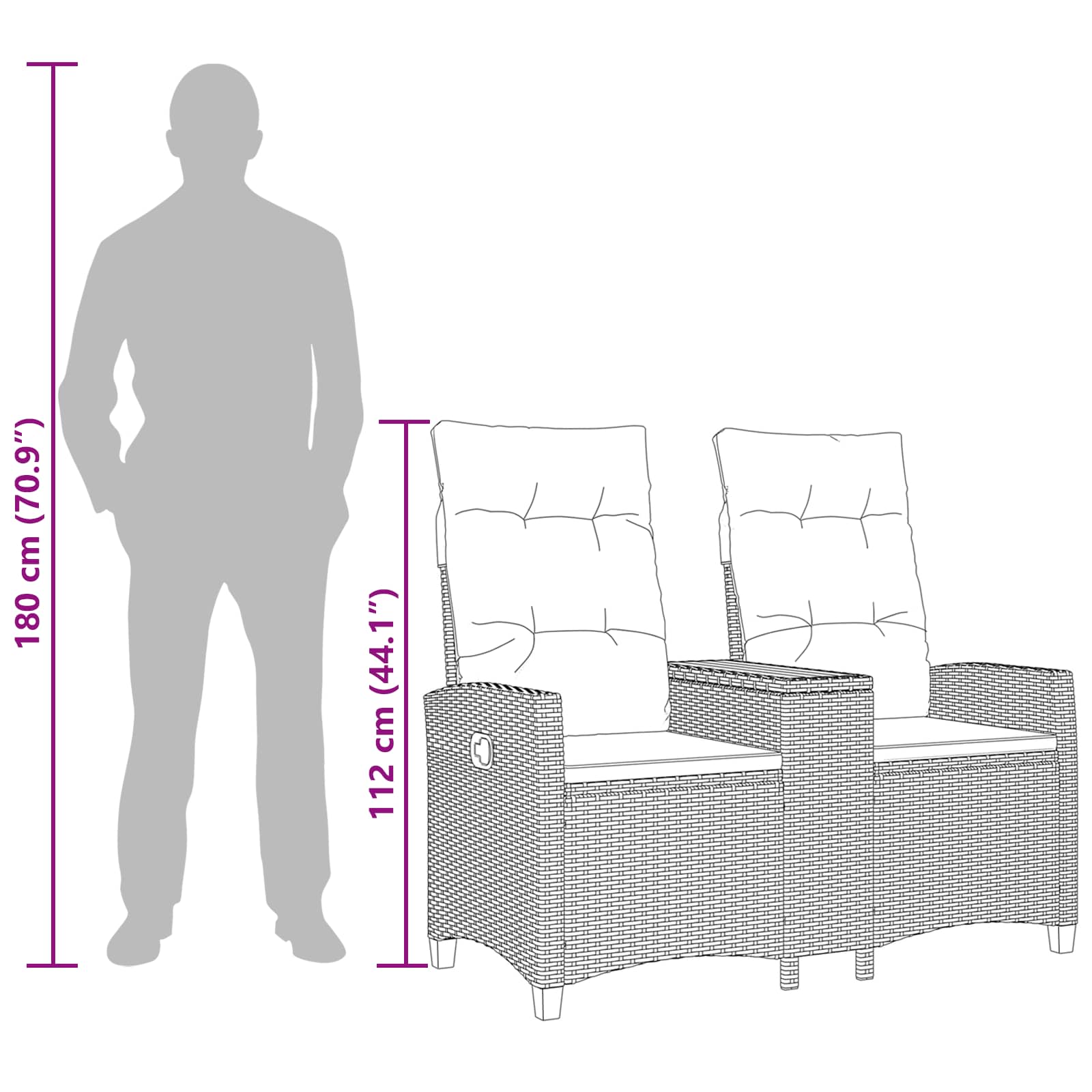 Liegebank mit Tisch 2 -Seater 126 x 65 x 112 cm Poly-Rattan